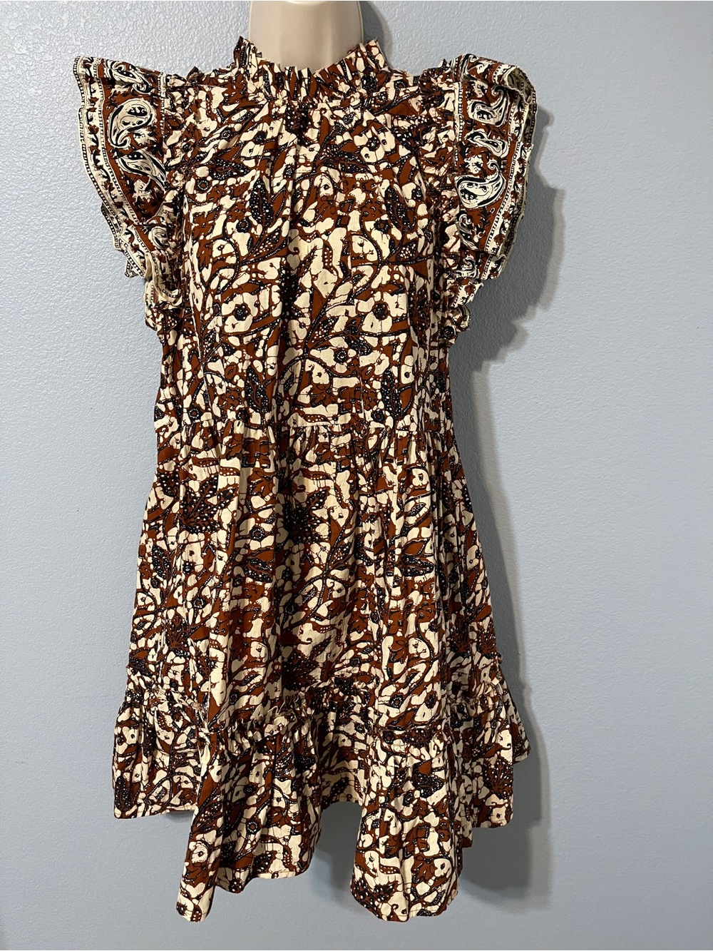 House of Harlow 1960 Paisley Ruffle Mini Dress Brown Boho Prairie Tiered Medium
